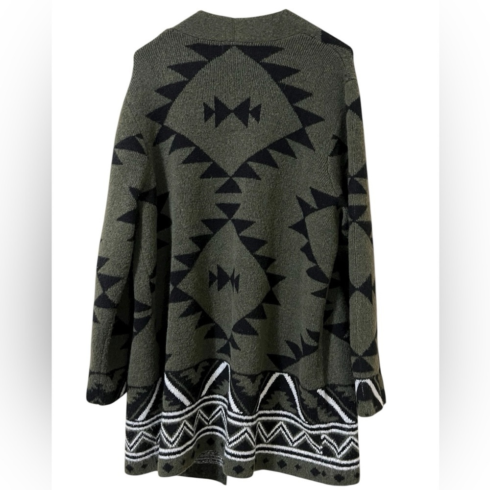Frye geometric print Aztec green and black open front long line cardigan sweater - Picture 3 of 11